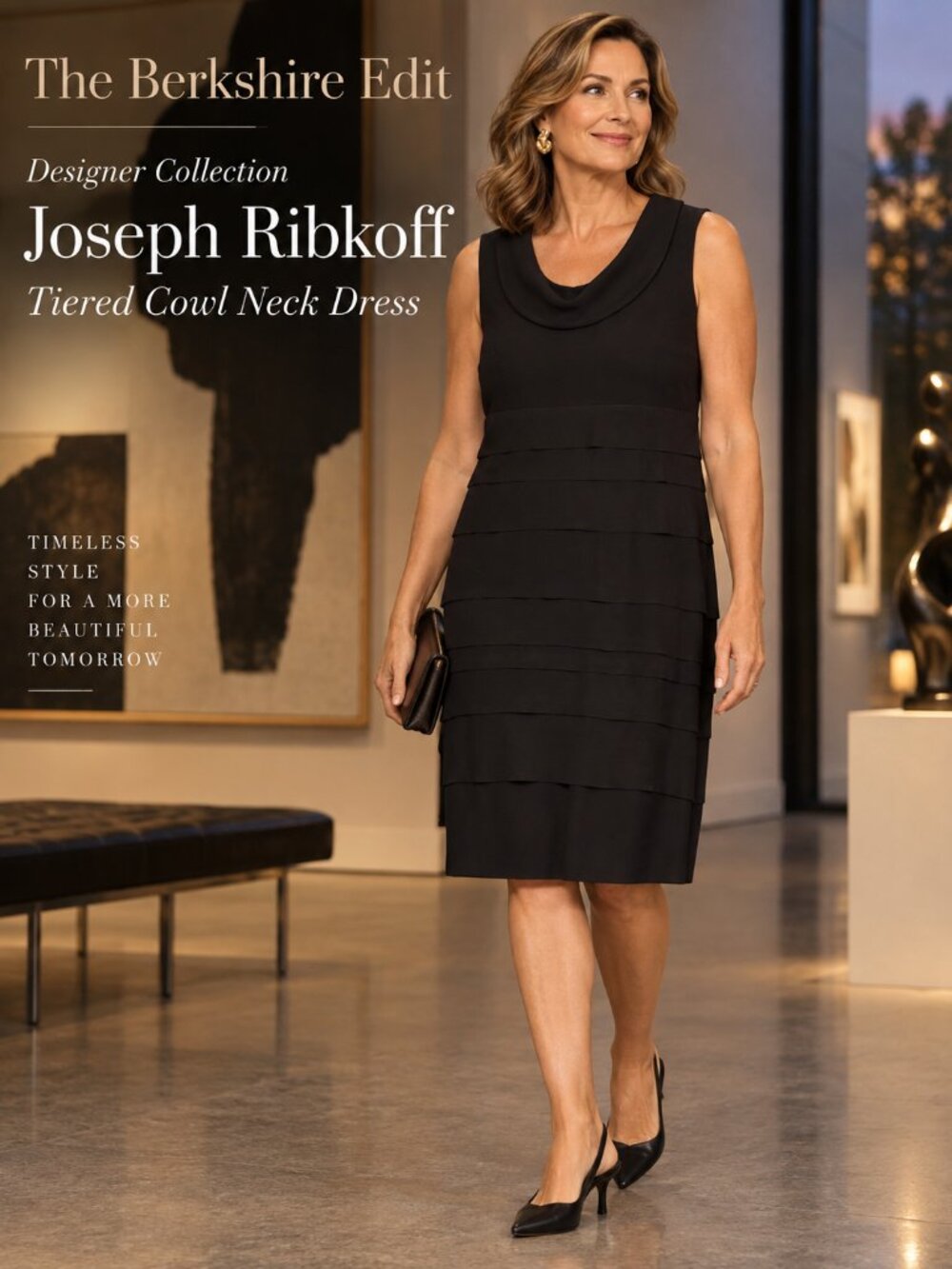 Joseph Ribkoff Black Tiered Cowl Neck Sheath Dress Size 14 Made in Canada